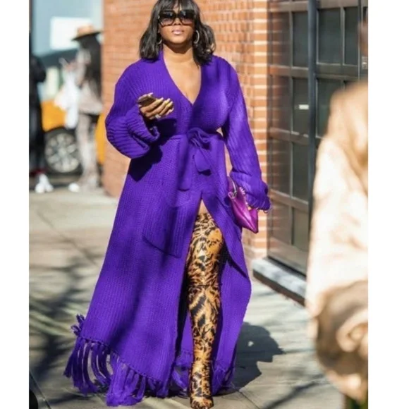 HANIFA MIYA KNIT CARDIGAN DRESS IN EGGPLANT /PLUM - Picture 6 of 11